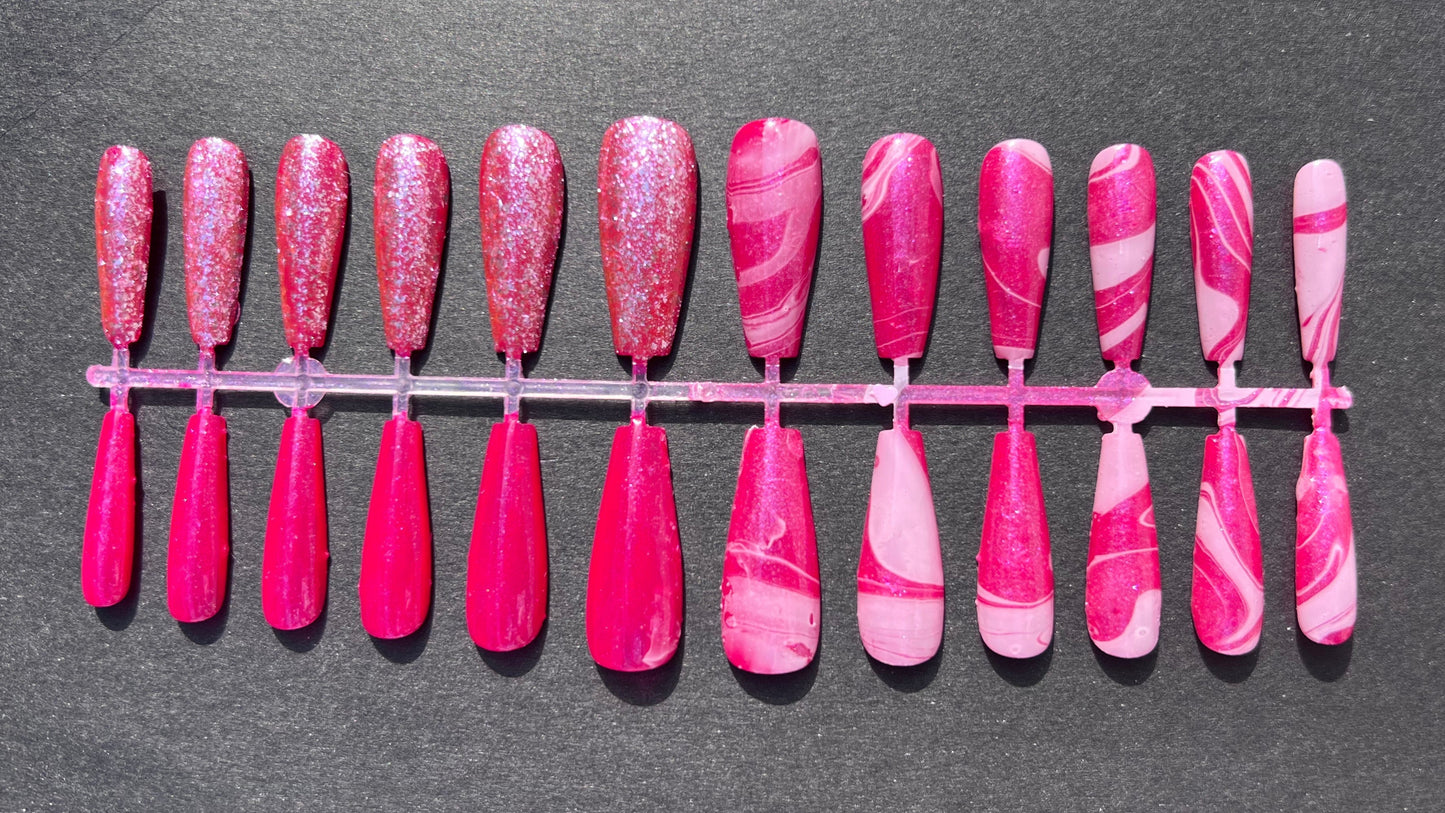 Hot Pink Glitter Long Coffin Nail Press On Set