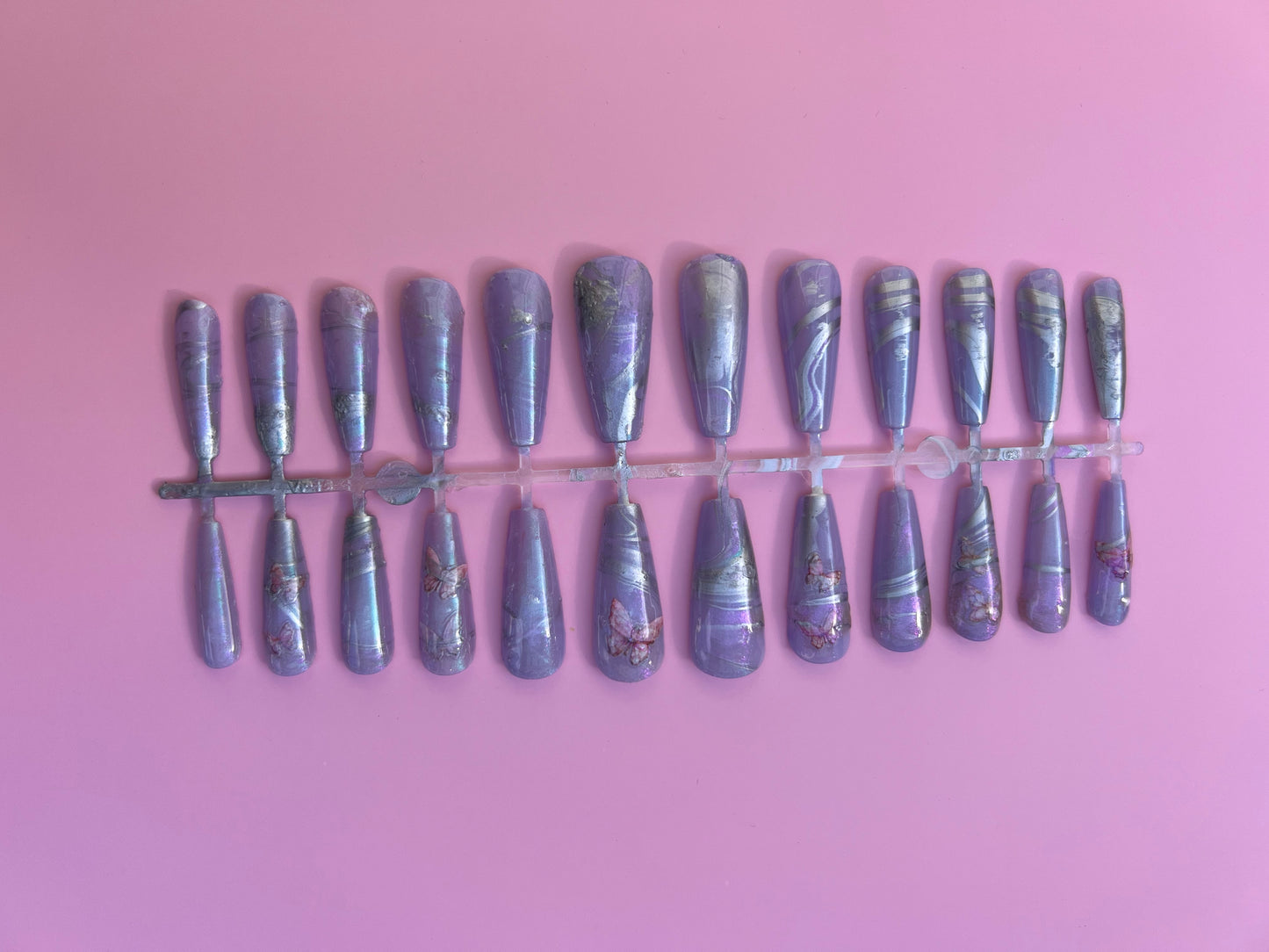 Spring Purple Butterfly Chrome Long Coffin Press On Nail Set