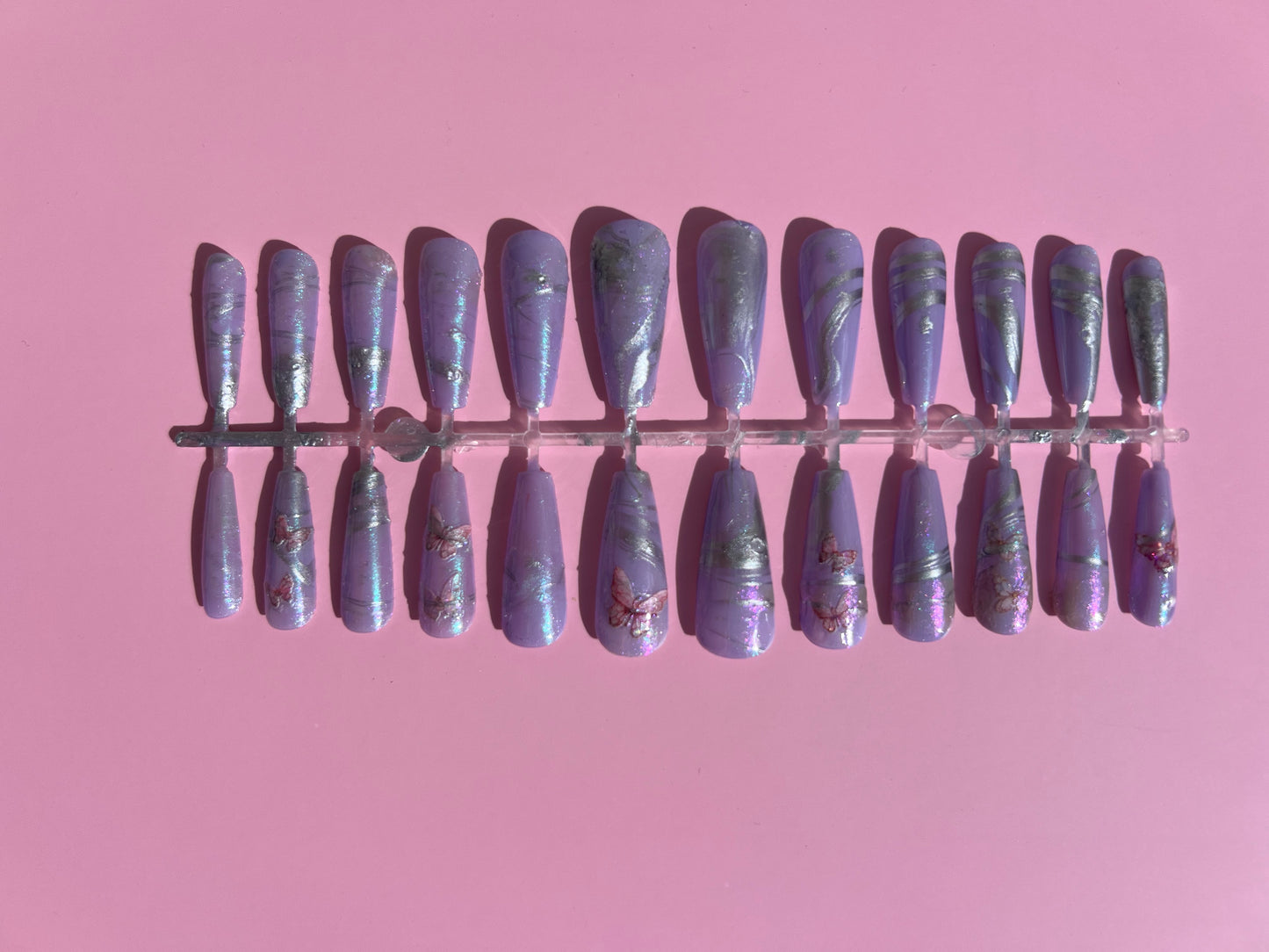 Spring Purple Butterfly Chrome Long Coffin Press On Nail Set