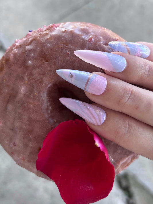 Pastel Pink Blue Jelly Iridescent Swirl Stiletto Nail Press On Set