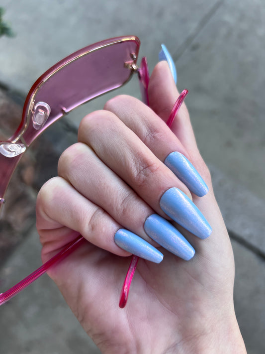 Blue Iridescent Medium Coffin Press On Nail Set