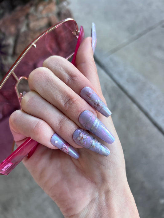 Spring Purple Butterfly Chrome Long Coffin Press On Nail Set