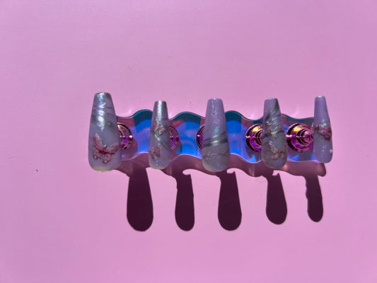 Spring Purple Butterfly Chrome Long Coffin Press On Nail Set