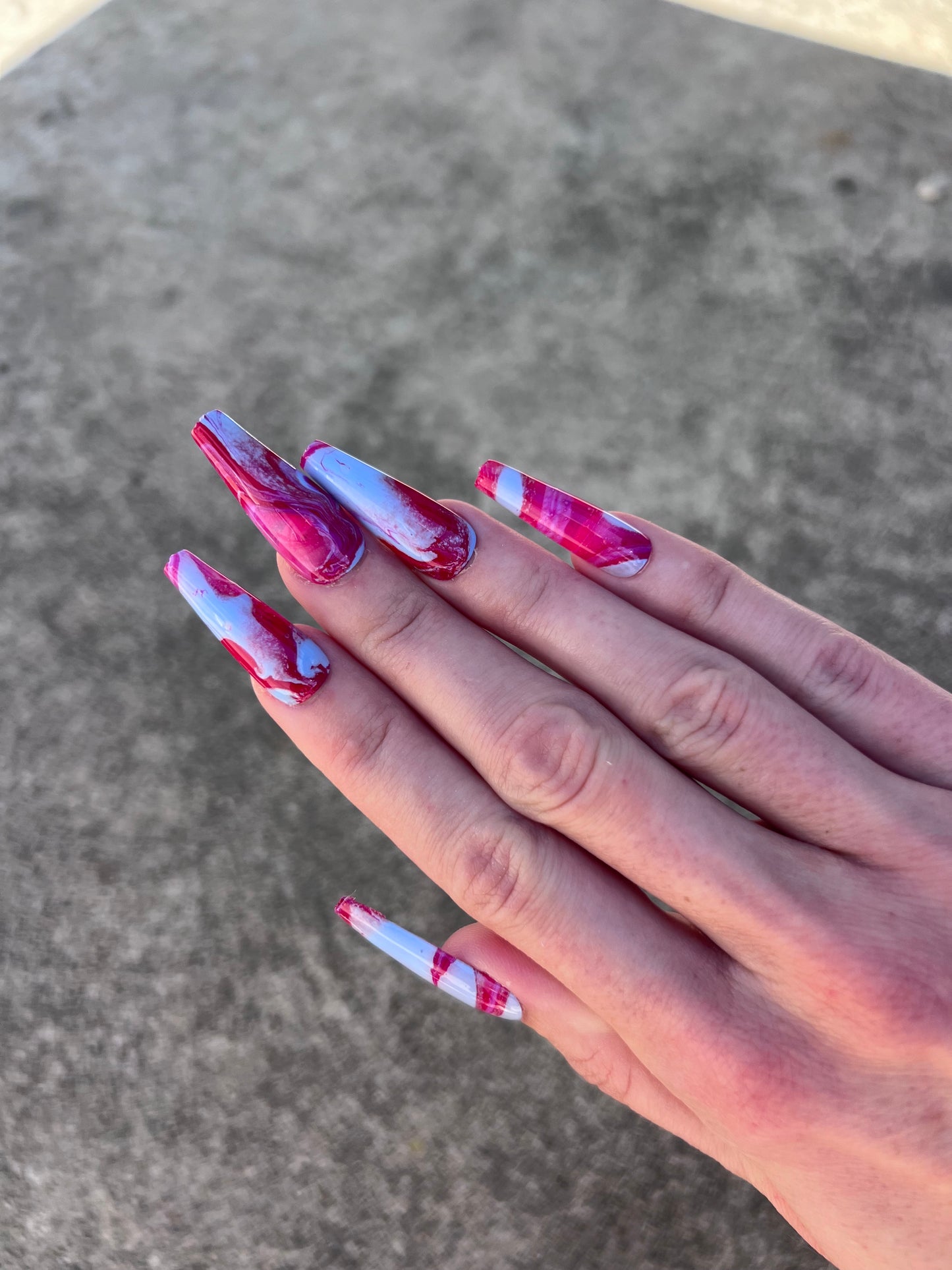 Hot Pink Blue Long Coffin Marble Jelly Press On Nails Set