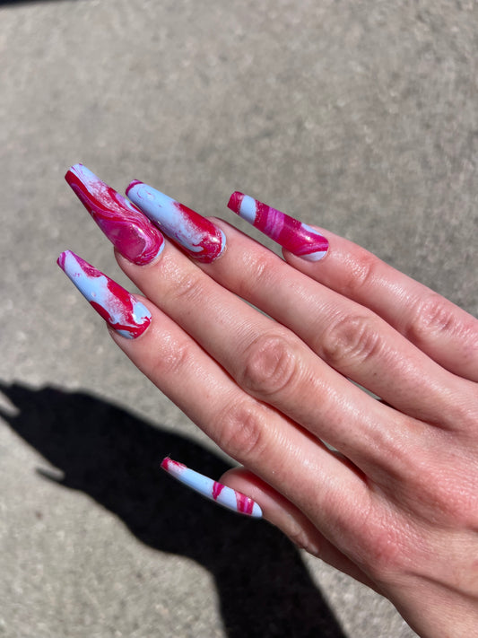 Hot Pink Blue Long Coffin Marble Jelly Press On Nails Set