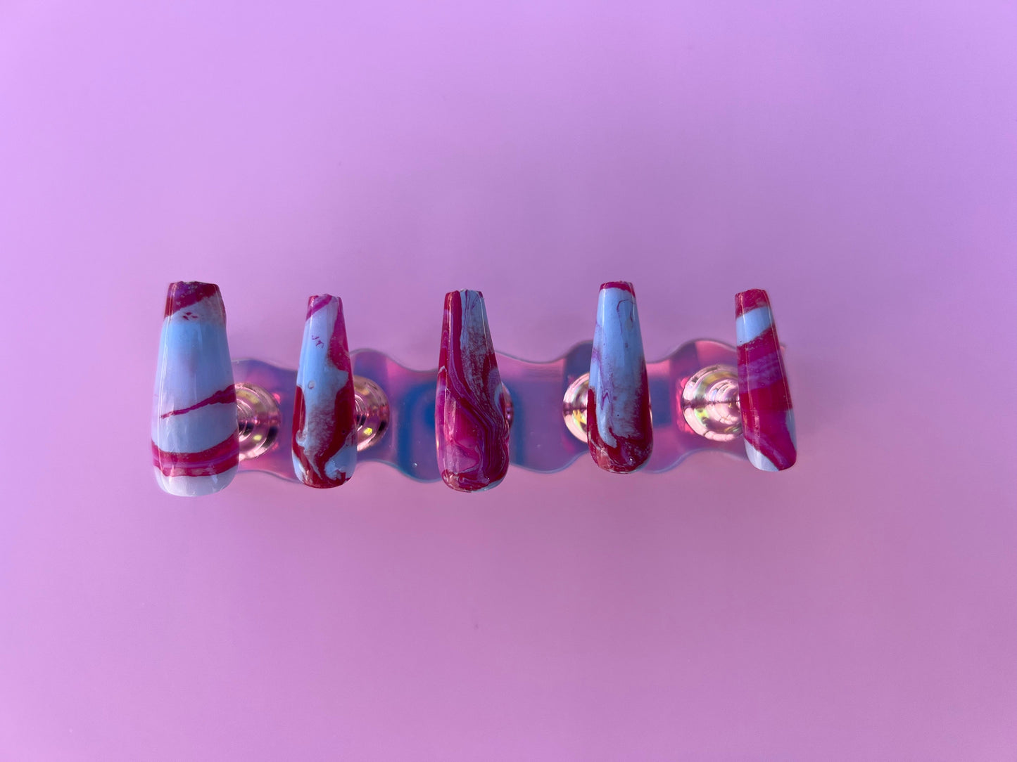 Hot Pink Blue Long Coffin Marble Jelly Press On Nails Set