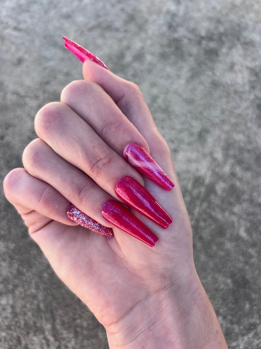 Hot Pink Glitter Long Coffin Nail Press On Set