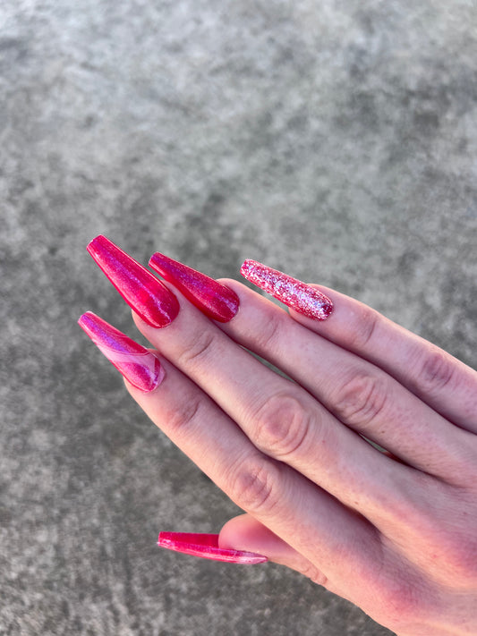 Hot Pink Glitter Long Coffin Nail Press On Set