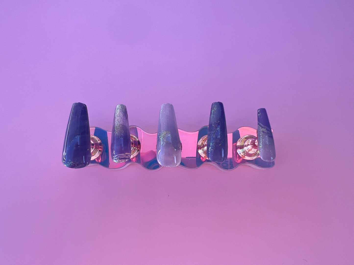 Spring Purple Holographic Jelly Sparkle Long Coffin Press On Nail Set