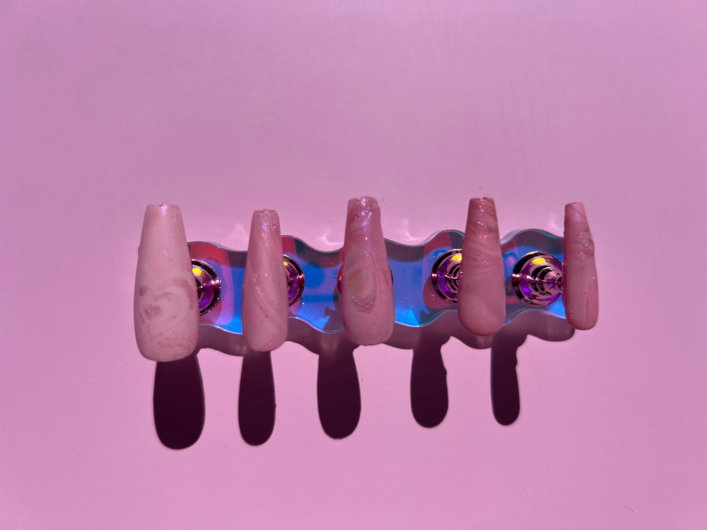 Spring Pink Heart Iridescent Jelly Long Coffin Press On Nail Set