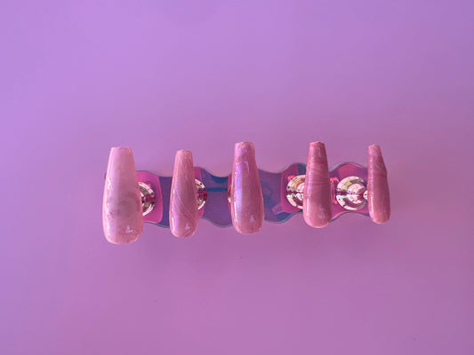 Spring Pink Heart Iridescent Jelly Long Coffin Press On Nail Set