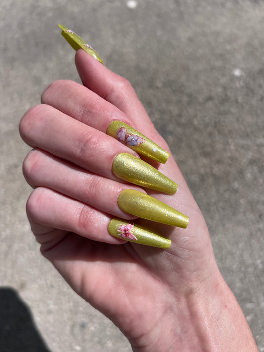 Chartreuse Green Spring Butterfly Shimmer Glitter Long Coffin Press On Nails Set