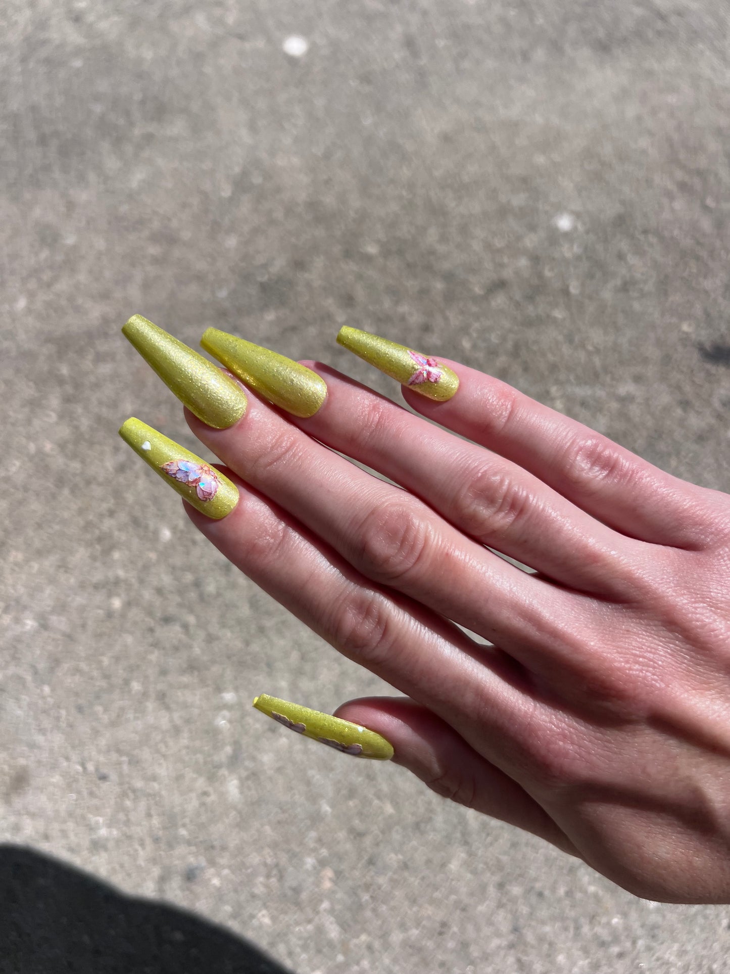 Chartreuse Green Spring Butterfly Shimmer Glitter Long Coffin Press On Nails Set