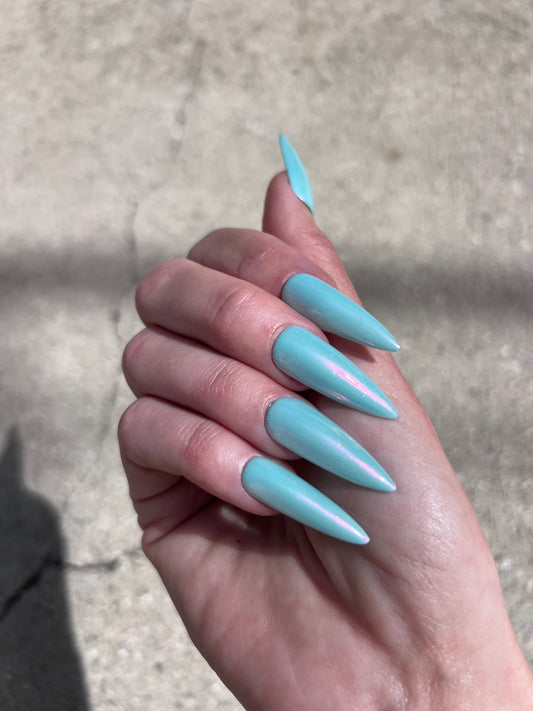 Cyan Blue Spring Pastel Chrome Long Stiletto Nail Press On Set