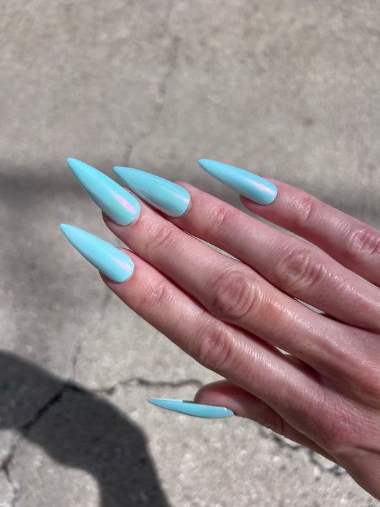 Cyan Blue Spring Pastel Chrome Long Stiletto Nail Press On Set