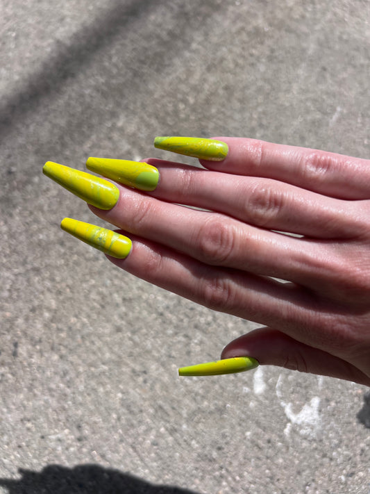 Green and Yellow Shimmer Swirl Long Coffin Press On Nail Set