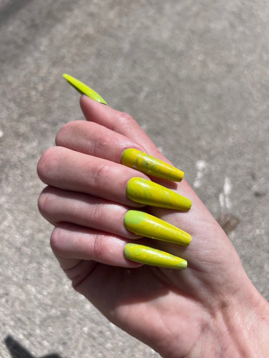 Green and Yellow Shimmer Swirl Long Coffin Press On Nail Set