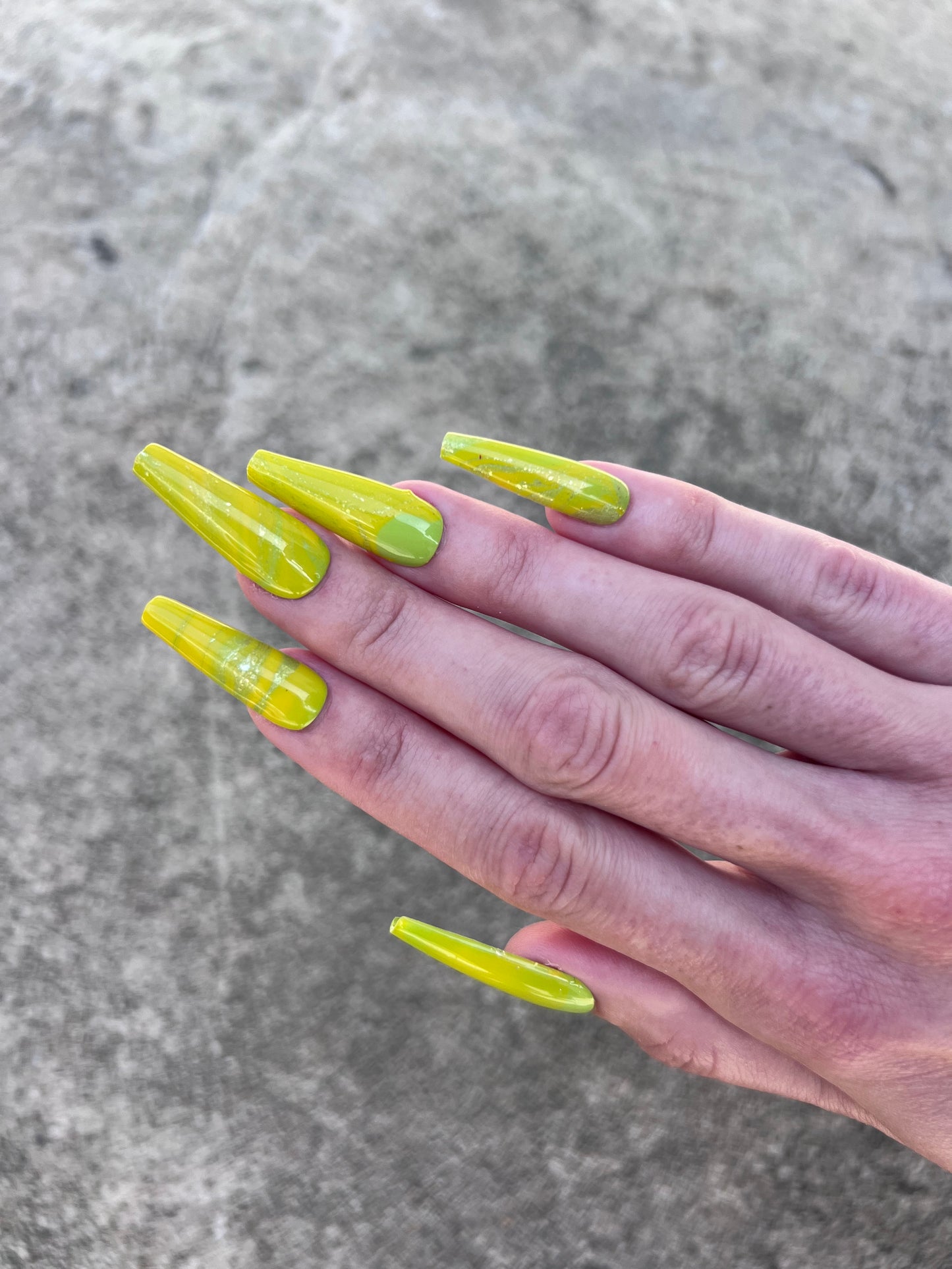 Green and Yellow Shimmer Swirl Long Coffin Press On Nail Set