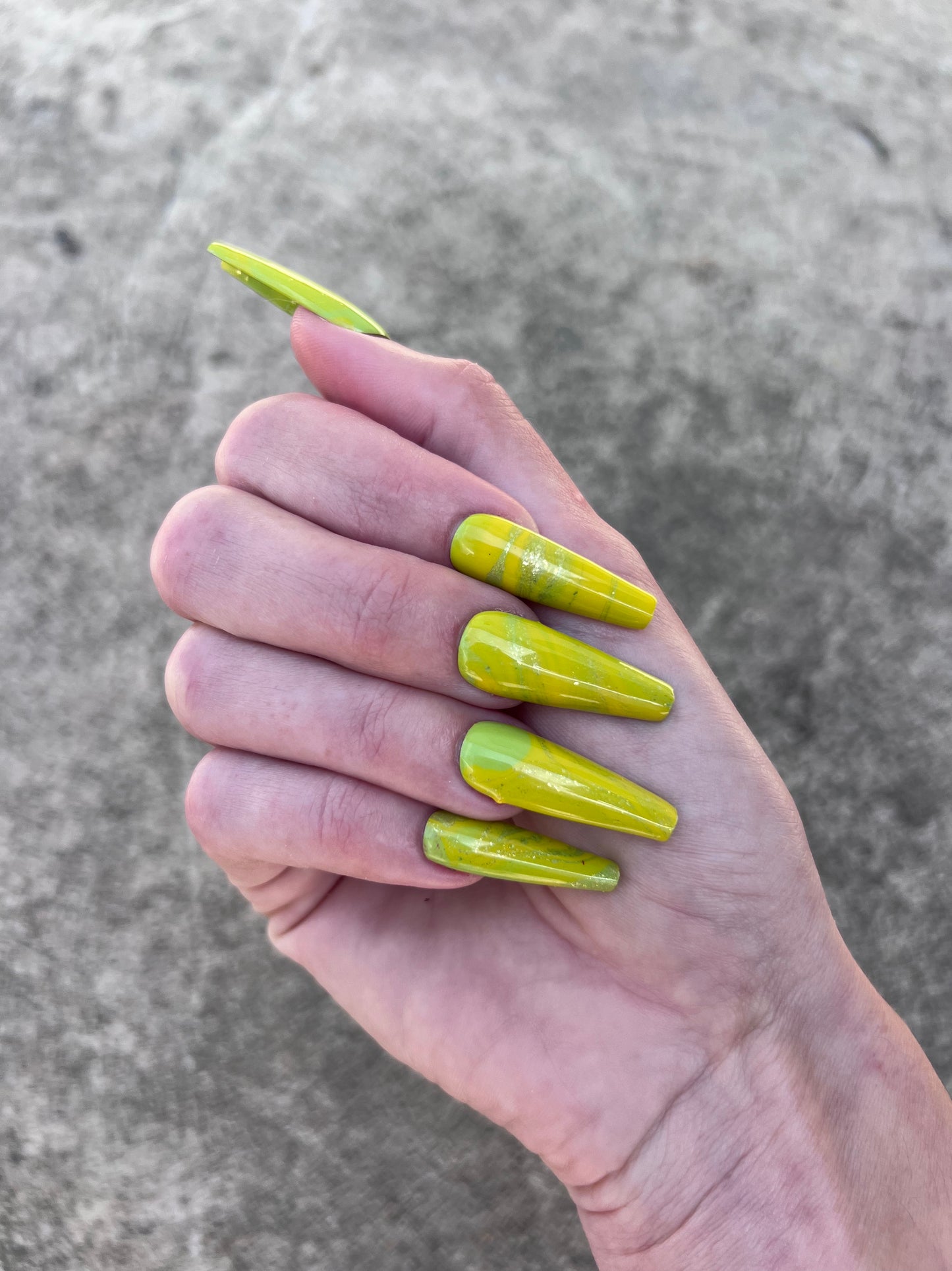 Green and Yellow Shimmer Swirl Long Coffin Press On Nail Set